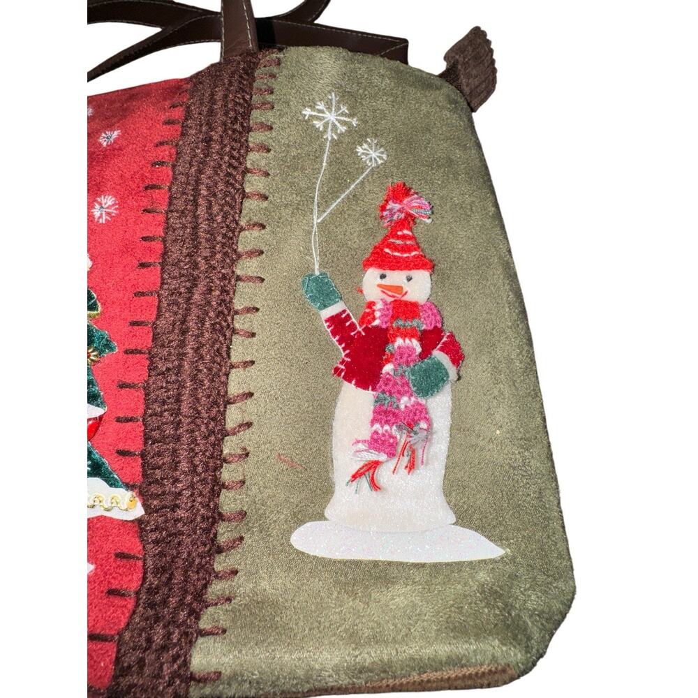 Capelli Christmas Tote Bag Holiday Snowman Tree Appliqué Zippered Fabric Purse - Picture 4 of 9